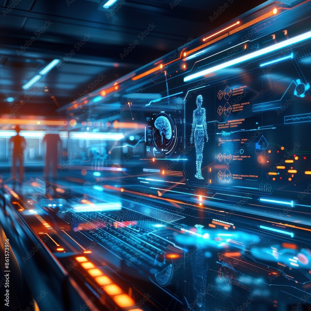 Poster Futuristic interface displaying digital data and holograms, ideal for technology and innovation themed projects.