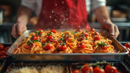 A chef wearing a red apron holds a tray of appetizing spaghetti garnished with tomatoes and herbs, showcasing a delectable pasta meal ready to be served.