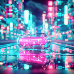 Futuristic capsule on reflective surface with neon city lights in the background, representing advanced medicine and technology.