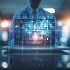 Obraz premium Doctor using advanced technology in healthcare with digital interface and data visualization for patient diagnosis and treatment.