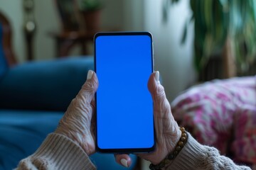 Screen display over shoulder of a senior woman holding an smartphone with an entirely blue screen