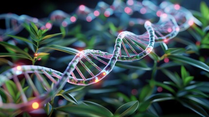 Genetic modification of plants displayed through glowing DNA strands, biotechnology, agricultural innovation