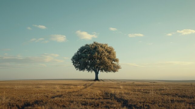 Lone tree standing against the horizon in an empty field, embodying resilience and steadfastness in the face of solitude.