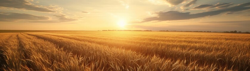 Fototapeta premium Golden wheat field during a stunning sunset, showcasing the beauty of nature and the tranquility of rural landscapes.