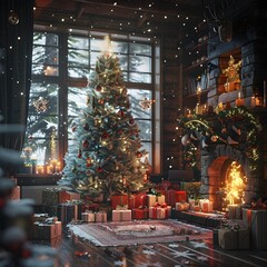 Cozy Cabin Christmas Scene with Towering Festive Tree and Gifts