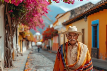 Fototapeta premium Man in Traditional Mayan Outfit Walking Through Cobblestone Streets of Antigua