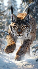 Obraz premium Fierce Siberian Lynx Prowling Through Snowy Taiga with Powerful Paws and Sharp Golden Eyes
