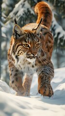 Obraz premium Fierce Siberian Lynx Prowling Through Snowy Taiga with Majestic Predatory Grace