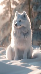 Naklejka premium Majestic Samoyed in a Serene Snow Covered 3D Rendering