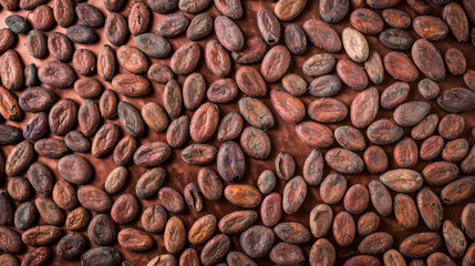 Close-up of numerous dried cacao beans on a brown surface, showcasing various textures and natural hues, ideal for culinary and food industry visuals.
