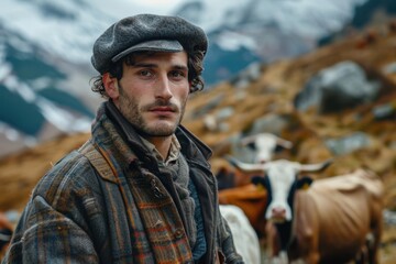 Obraz premium Young Basque Cowherd Guiding Cattle Through the Pyrenees Mountains