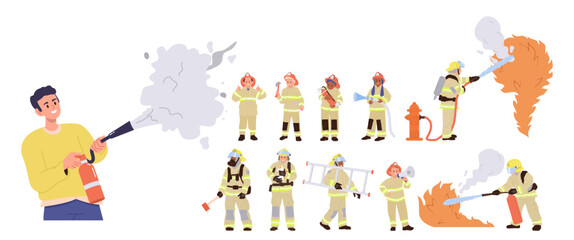 Fototapeta premium Brave adults and children firefighters cartoon characters putting out of fire isolated set on white