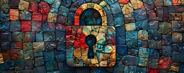 Intricate Digital Mosaic Padlock Icon Concept with Vibrant Colors and Copy Space
