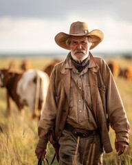 Elderly Cowboy Managing Cattle on South African Savanna Ranch

