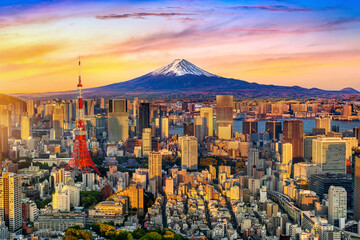Aerial view of Tokyo cityscape with Fuji mountain in Japan.