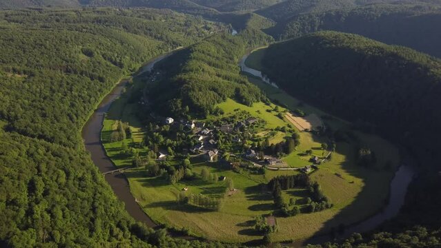 Aerial View of Frahan, Rochehaut: A River Bend Encircles the Village