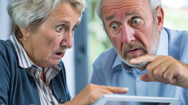 Elderly couple looking surprised while using a digital tablet, highlighting the concept of technology use in older generations.