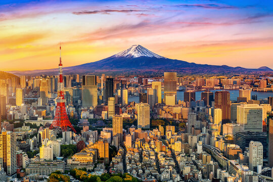 Aerial view of Tokyo cityscape with Fuji mountain in Japan.