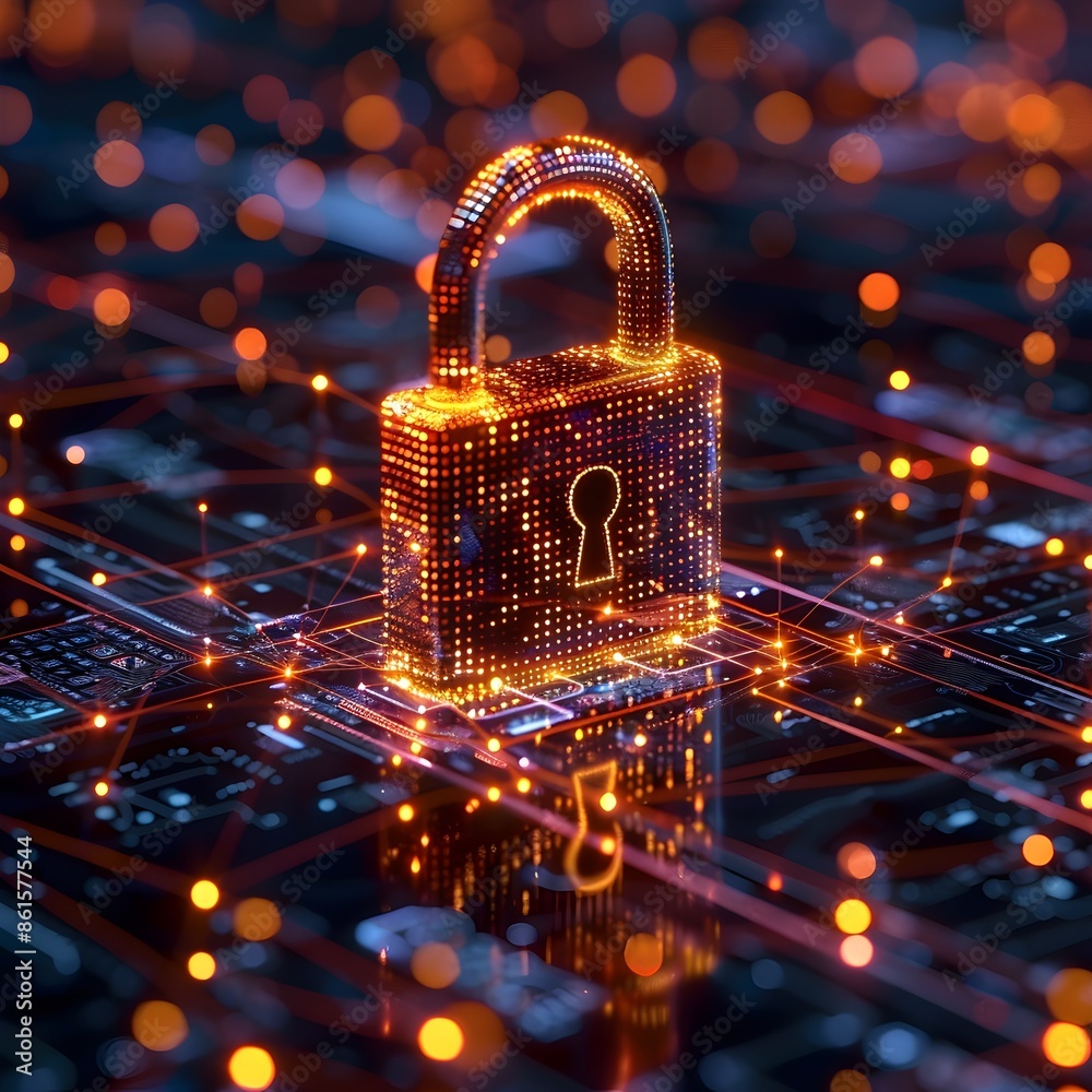 Poster glowing padlock icon in a digital matrix with interconnected lines and nodes