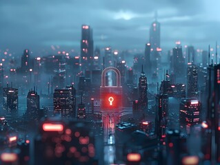 Futuristic Digital Cityscape with Glowing Padlock Icon Symbolizing Urban Cybersecurity