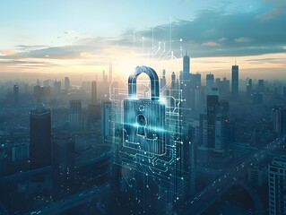 Padlock Icon in Digital Cityscape Symbolizing Urban Cyber Security and Data Protection