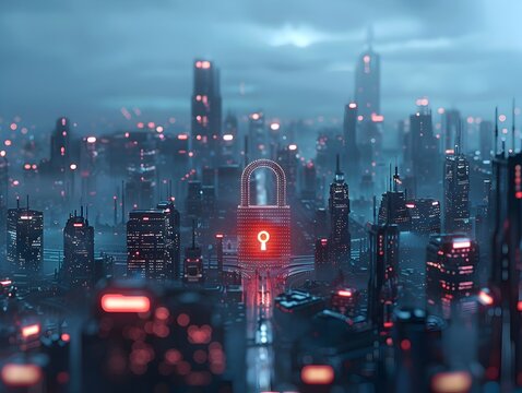 Futuristic Digital Cityscape with Glowing Padlock Icon Symbolizing Urban Cybersecurity