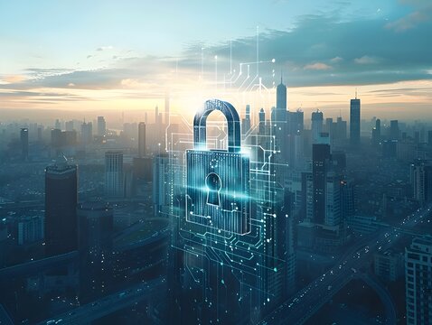 Padlock Icon in Digital Cityscape Symbolizing Urban Cyber Security and Data Protection - Powered by Adobe