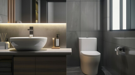 Fototapeta premium Modern bathroom interior showcasing a sleek design with a stylish sink, mirror, toilet, and ambient lighting against gray tiles.