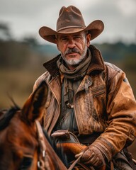 Obraz premium Middle-Aged Vaqueiro Riding Through the Sertão Region in Brazil