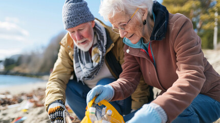 Senior couple cleaning beach together, picking up trash and plastic in winterwear, enjoying outdoor activity and protecting environment.