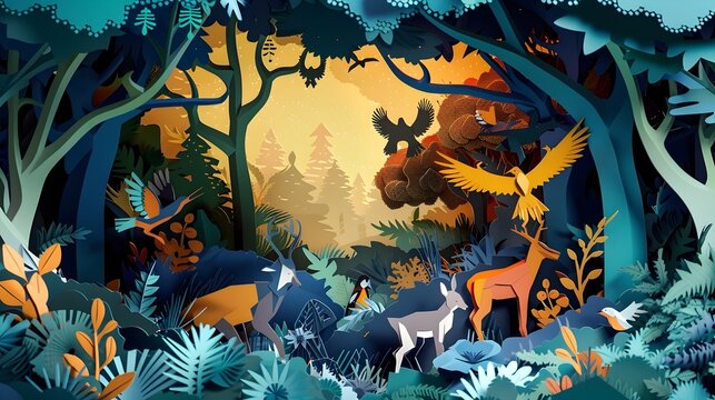 Enchanted Woodland Landscape with Whimsical Papercraft Animals in Dreamlike Forest Scene