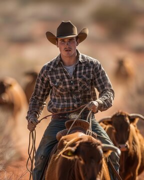Young Jackaroo Mustering Cattle in the Australian Outback

