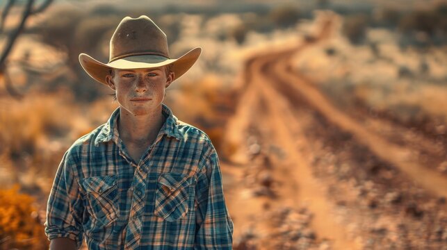 Young Jackaroo Mustering Cattle in the Australian Outback

