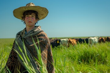 Obraz premium Young Gaucho Herding Cattle in the Pampas Region of Argentina