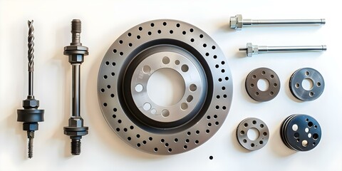 Brake repair kit displayed on a white background. Concept Car Parts, Brake Repair Kit, Automotive Maintenance, Vehicle Accessories, White Background Display