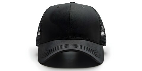 Isolated Black Trucker Cap Snapback Mockup on White Background. Concept Apparel Mockup, Trucker Cap, Snapback, Isolated, White Background