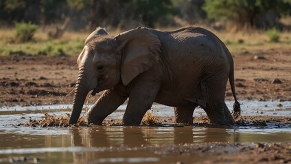 The moment a baby elephant splashes happily in a muddy watering hole ai-generated