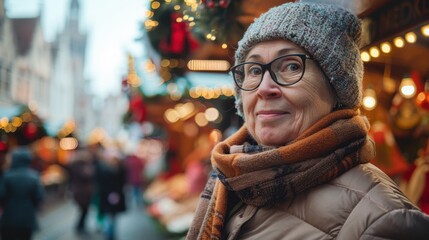 Obraz premium Middle-Aged Woman Exploring Christmas Market by Canals in Bruges
