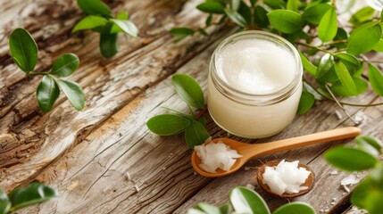 Glass jar of coconut oil, with a wooden spoon beside it and fresh green leaves scattered around