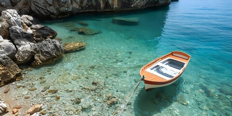Obraz premium Anchored in a stunning bay with clear water A small boat. Concept Travel, Adventure, Boating, Nature, Waterfront