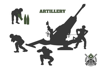 Artillery division isolated silhouette. Military scene with soldiers and cannon. Heavy gun troops banner. Modern war black background