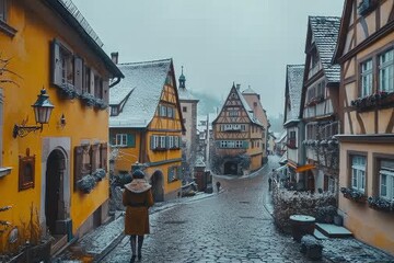 Naklejka premium Middle-Aged Woman in Traditional Dirndl Walking Through Medieval Rothenburg ob der Tauber