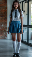 Obraz premium Indian school girl wearing a white shirt and blue skirt, pocket on left side of the shirt, Long white socks and black school shoes,generative ai