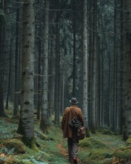 Elderly Man Hiking in the Black Forest in Traditional Bavarian Clothing

