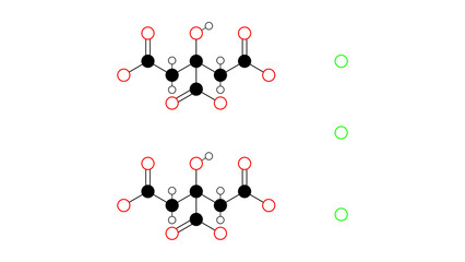 calcium citrate molecule, structural chemical formula, ball-and-stick model, isolated image e333