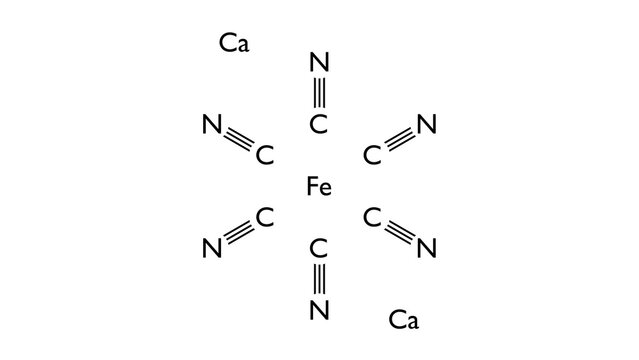 calcium ferrocyanide molecule, structural chemical formula, ball-and-stick model, isolated image acidity regulators e538
