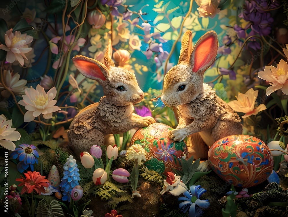 Wall mural playful easter bunnies nestled in vibrant floral diorama with intricate patterned eggs