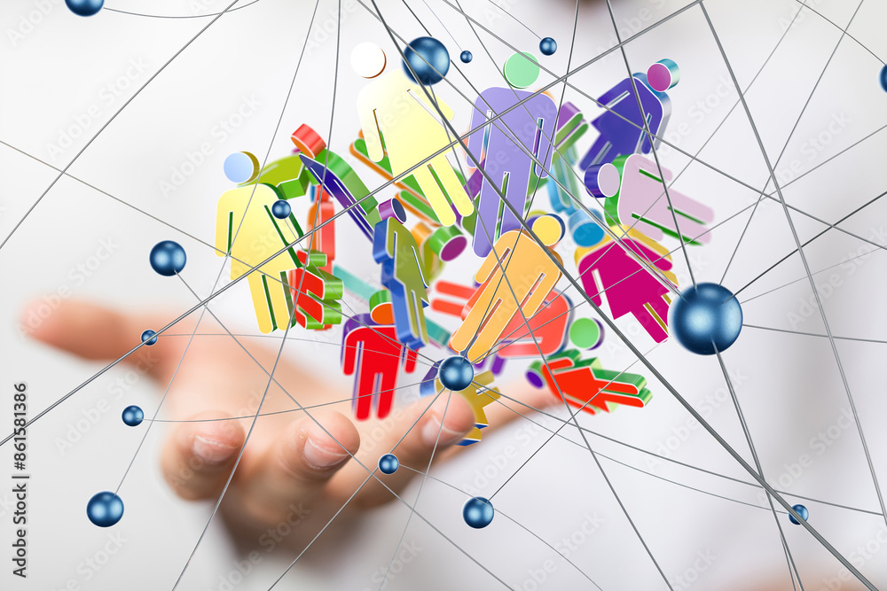 Poster Global network. Blockchain. 3D illustration. Neural networks and artificial intelligence. Abstract