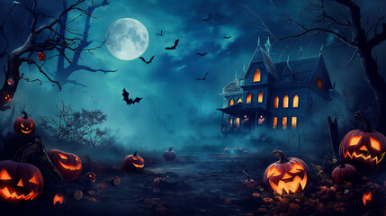 A Halloween scene with a castle and pumpkins. Scene is spooky and eerie