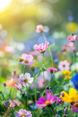 Fototapeta premium Vibrant Pastel Flower Meadow, Spring Landscape